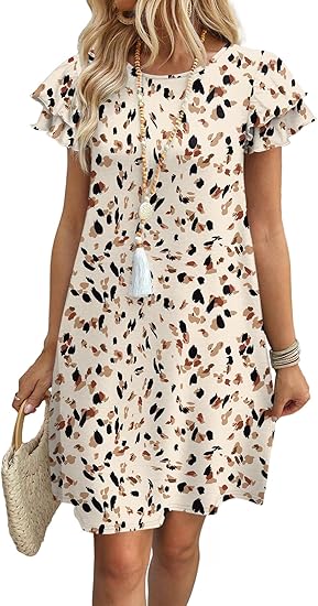 OFEEFAN Womens Summer Dresses 2026 Ruffle Sleeve Round Neck Loose Swing Sundresses with Pockets Plain/Print