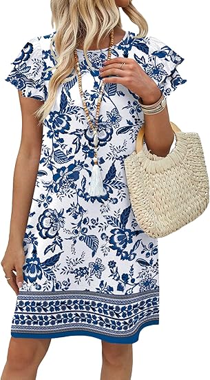OFEEFAN Womens Summer Dresses 2026 Ruffle Sleeve Round Neck Loose Swing Sundresses with Pockets Plain/Print