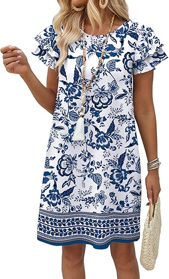 OFEEFAN Womens Summer Dresses 2026 Ruffle Sleeve Round Neck Loose Swing Sundresses with Pockets Plain/Print