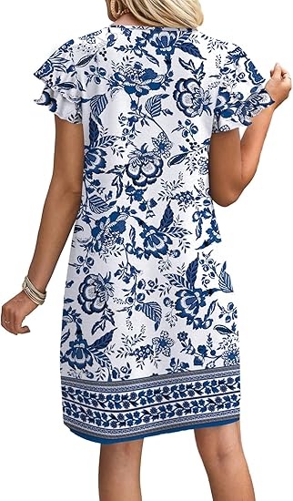 OFEEFAN Womens Summer Dresses 2026 Ruffle Sleeve Round Neck Loose Swing Sundresses with Pockets Plain/Print